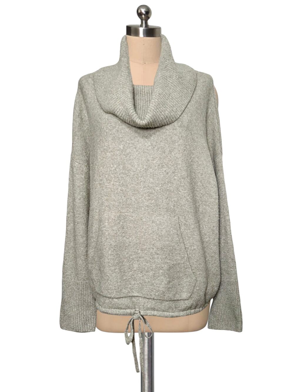 Soft Express Greenish Tan Cowl Neck Drawstring Kangaroo Pouch Pocket Sweater L